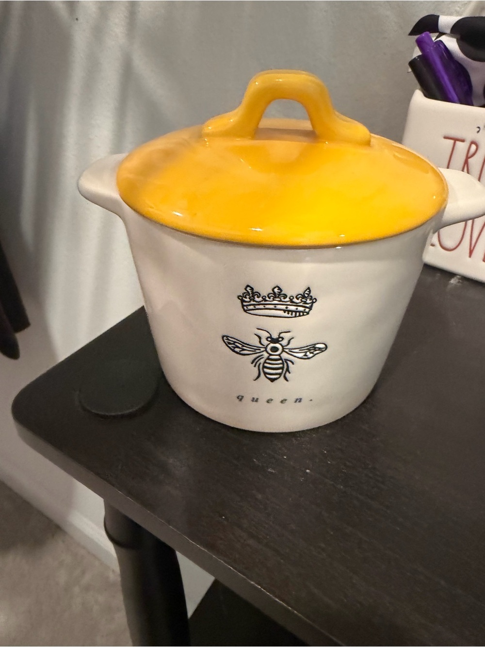 Rae Dunn Cream Ceramic Jar with Yellow Lid - Bee & Crown 'queen'